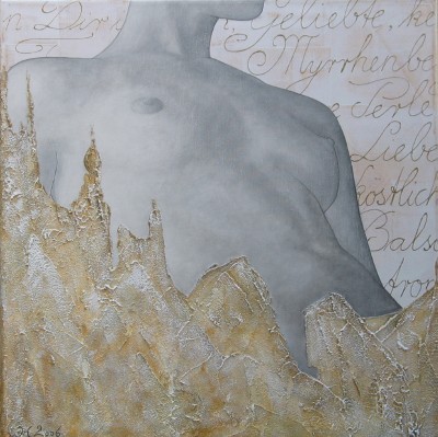 Acrylbild einer weiblichen Figur vor goldenen Zeilen aus dem biblischen Hohelied als Lobpreis der Liebe